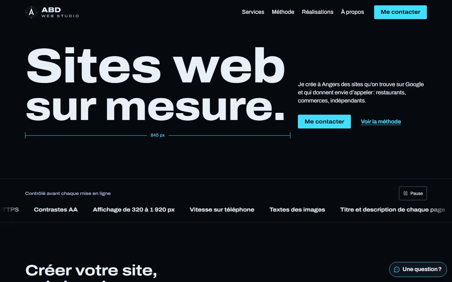 Page d’accueil du site d’ABD Web Studio sur ordinateur : le titre « Sites web sur mesure. » et sa ligne de cote, une phrase de présentation et le bouton « Me contacter »