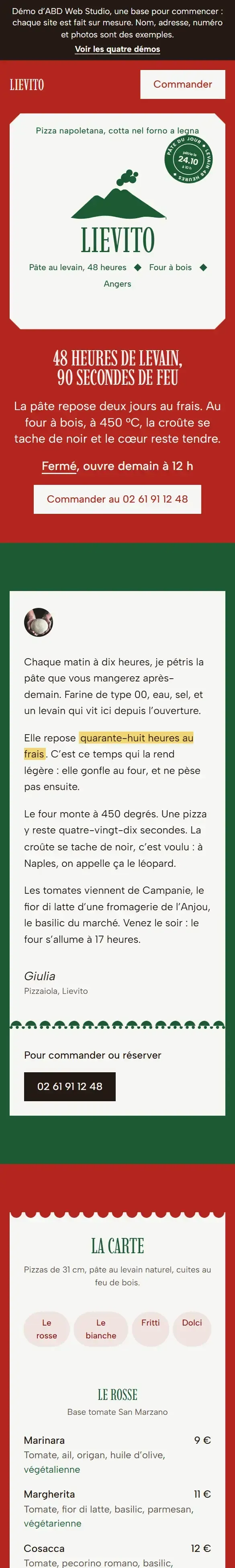 La démo Lievito, pizzeria napolitaine, sur téléphone